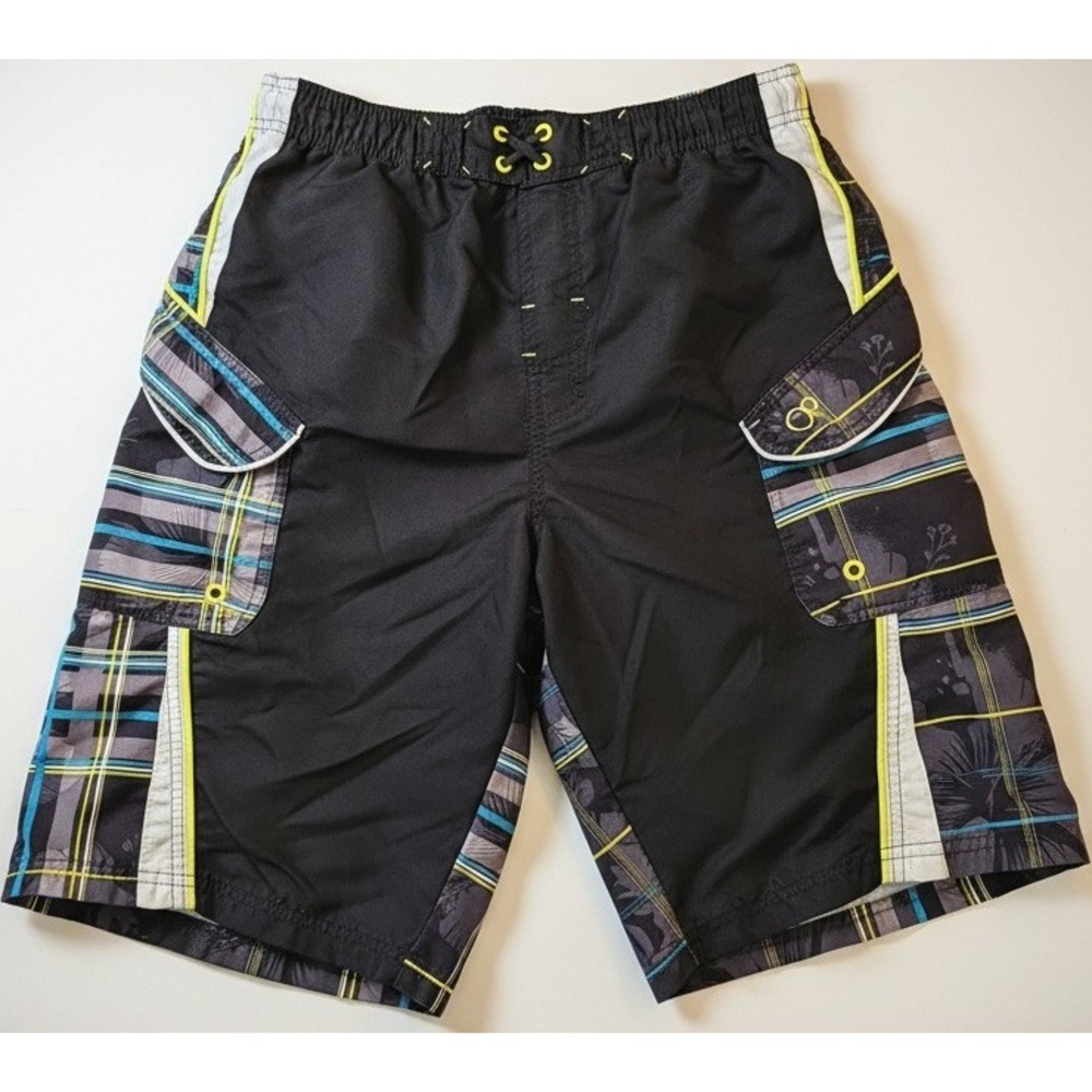 OP Ocean Pacific Boys Board Shorts Swim Trunks Black Plaid Striped XL 14/16